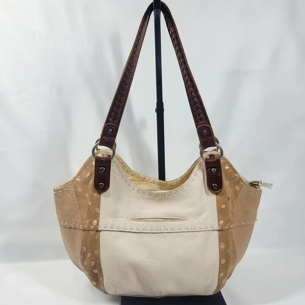 The Sak Vintage Pebbled Leather Hobo Bag Cream And Tan Double Shoulder Straps